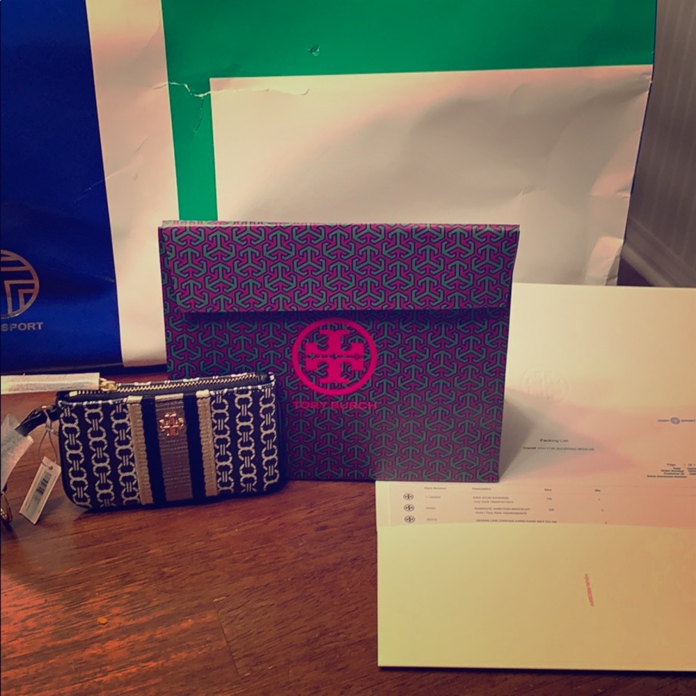 Tory Burch card case key fob canvas